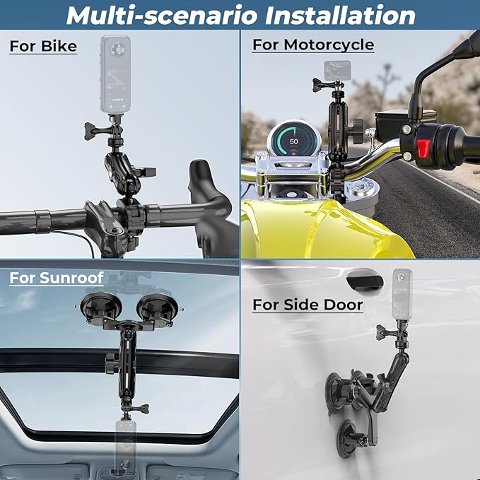 VAZESWIN Suction Cup Car Mount - Aluminum Alloy Extendable Selfie Stick, Five 3.5" Large Suction Cup Car Windshield Camera Mount with Tripod Adapter Compatible with GoPro Insta360 DJI Action Cameras