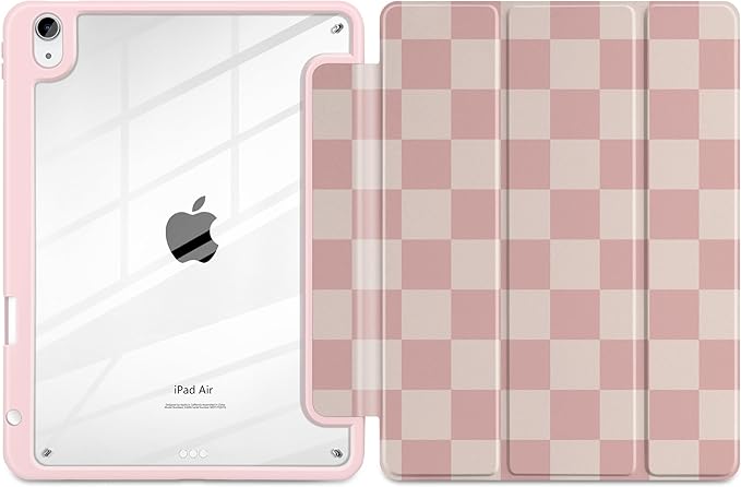 Case for iPad Air 11 inch M4 2026 M3 2025 M2 2024 Release with Pencil Holder - Aesthetic Cute Design Trifold Cover with Soft TPU Bumper Clear Back Auto Sleep/Wake for Girls Women, Lattice