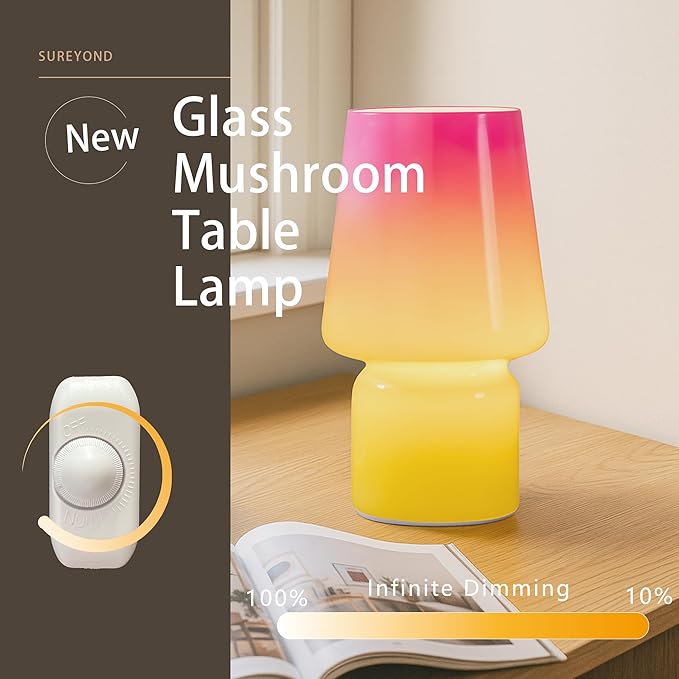 Mushroom Lamp,Mother's Day Gifts,Small Table Lamp,Cute Nightstand Kitchen Mini Lamp,Glass Table Lamp,Suitable for Bedrooms, Kitchens, Living Rooms, Bedside, Girl Gifts（Pink Gradient）