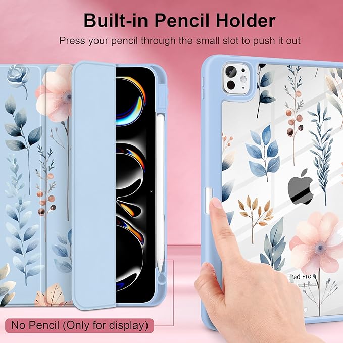 Case for iPad Pro 13 inch (M5) 2025 (M4) 2024 Release Slim Lightweight Cute Light Blue Cover with Clear Back TPU Edge Pencil Holder Trifold Stand, Hand-Drawn Leaves