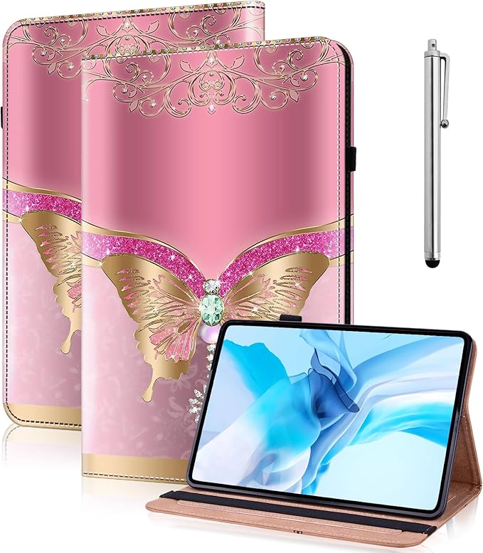 Case for iPad 9th/8th/7th Generation 10.2 Inch (2021/2020/2019), iPad Air 3 2019/ Pro 10.5 2017 Case with Auto Wake/Sleep & Elastic Band, Multi-Angle Viewing Stand Cover - Pink Butterfly
