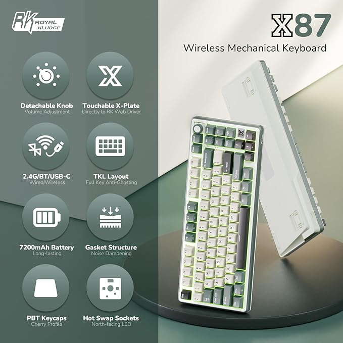 RK ROYAL KLUDGE X87 Gasket Mechanical Keyboard, 75% Wireless Gaming Keyboard with Touchable X-Plate & Volume Knob, Bluetooth/2.4GHz/Wired, Hot Swappable RGB Backlit (Green, Light Switch)
