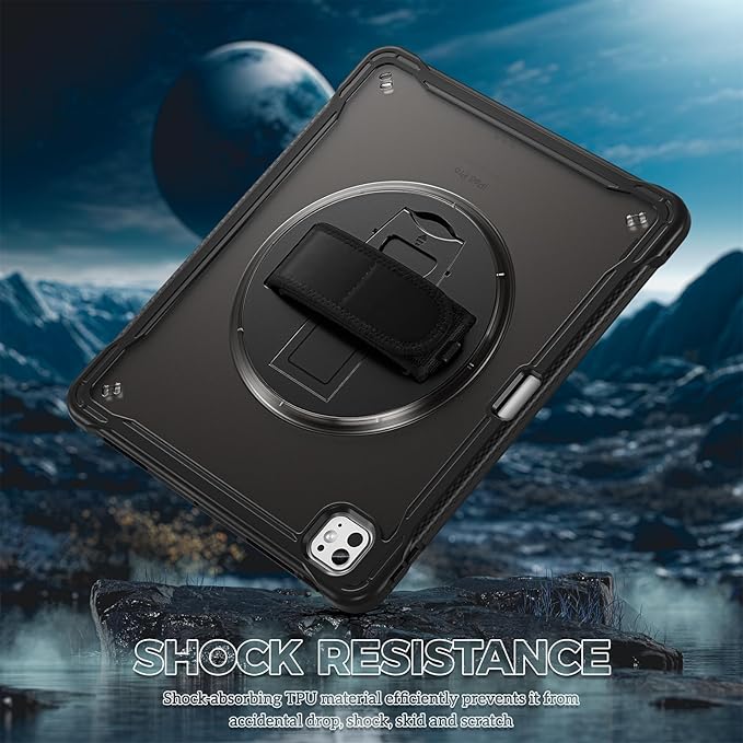 ProCase Rugged Case for iPad Pro 13 Inch 2025 (M5) / 2024 (M4) with Pencil Hold, Heavy Duty Shockproof Rugged Cover with Hand Strap 360 Degree Rotatable Kickstand Protective for iPad Pro 13" -Black