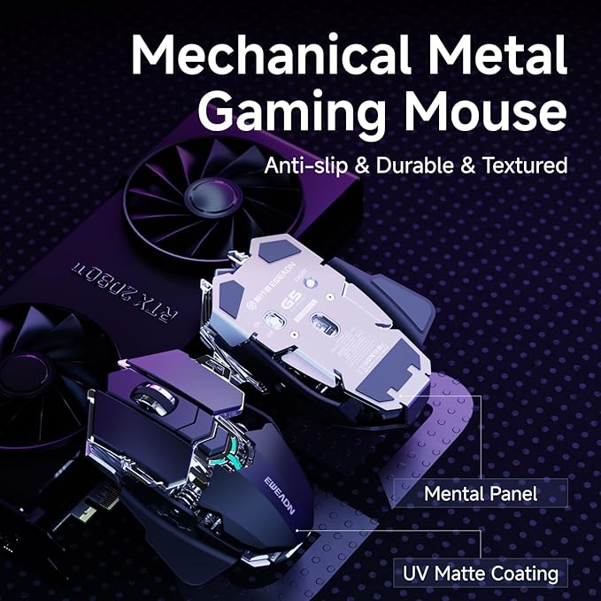 EWEADN G5 Wireless Gaming mouse, 12800 Adjustable DPI Ergonomic Mouse with 6 RGB Backlit Modes, Rapid Fire Key, 9 Programmable Macro Buttons, Rechargeable Bluetooth Mouse for PC/Mac/Laptop - Black