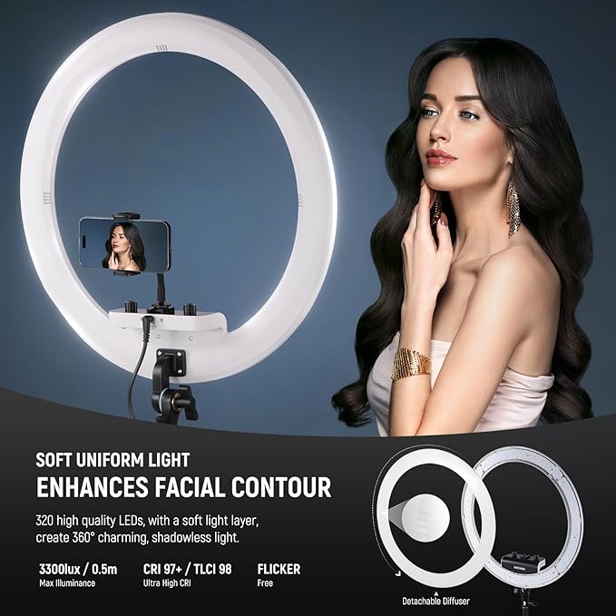 NEEWER 18 inch Ring Light with Tripod Stand and Phone Holder, Ultra Thin Video Ringlight 2900K-7000K TLCI98 App Control, Softer Lighting for Lash Tattoo Makeup Live Stream TikTok, RP18B Pro White
