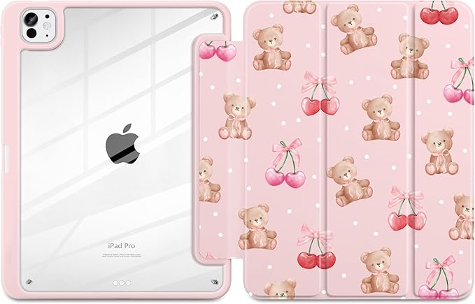 TWOLSKOO Case for iPad Pro 11-inch (M5 2025 / M4 2024), Clear Acrylic Back with TPU Bumper, Pencil Holder, Trifold Stand, Auto Sleep/Wake, Lovely Bear