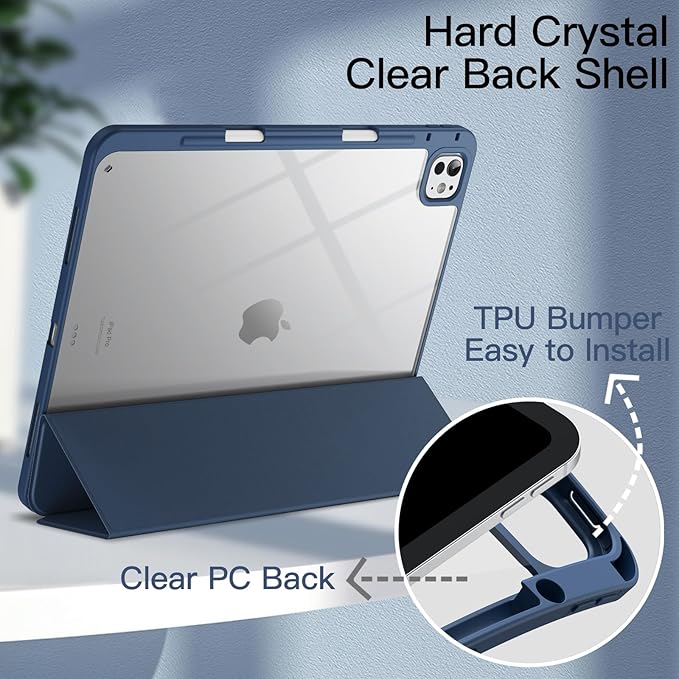 JETech Case for iPad Pro 13-Inch M5/M4 (2025/2024) with Pencil Holder, Clear Transparent Back Shell Slim Stand Shockproof Tablet Cover, Auto Wake/Sleep (Navy)