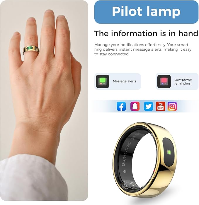 Smart Ring with Instant Notification Alerts & Gesture Control - Sleep Tracker Ring, Fitness Ring for Steps & Heart Rate, IP68 Waterproof (Gold, 9)