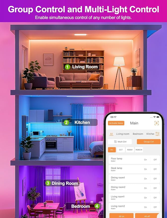 ILC Alexa Light Bulbs 10W (70 Watt Equivalent) Smart Light Bulbs Compatible with Alexa Required Echo Device, 900 Lumens, Color Changing Warm White 2700K (4 Pack)