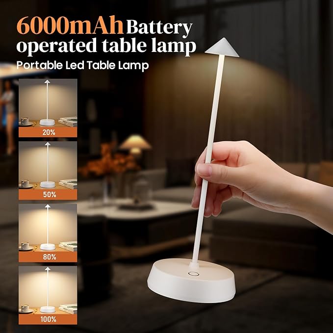 Rechargeable Cordless Small Table Lamp,6000mAh Battery Operated,LED Touch Dimmable Modern TableTop,Portable Outdoor Bedside Night Light for Restaurant/Dining/Bedroom/Living Room/Coffee(White-2pc)