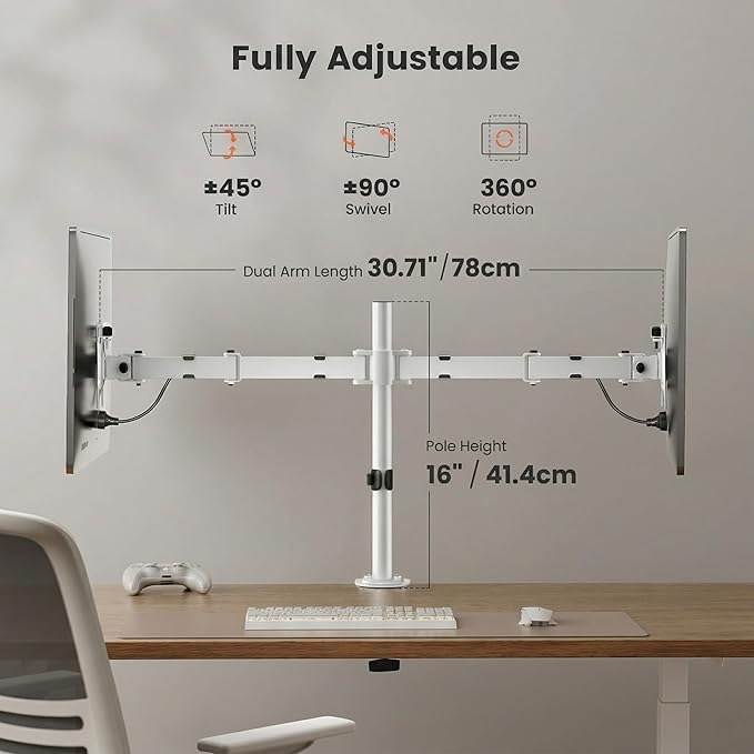 ErGear Fully Adjustable Dual Monitor Mount for 2 Screens up to 32 Inches, Holds up to 17.6 lbs Each Arm, Desk Stand, White