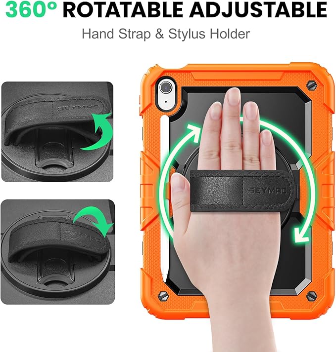 SEYMAC Case for iPad (A16) 11th/10th Generation 2025/2022 (11″/10.9″), Sturdy Heavy Duty Full-Body Shockproof Protective Case with Screen Protector, Rotating Stand, Hand/Shoulder Strap, Black/Orange