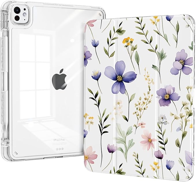 Trifold Case for iPad Air 13 Inch M4/M3/M2 (2026/2025/2024), iPad Pro 12.9 Inch 6th/5th/4th/3rd Generation Case, Pencil Holder, Slim Lightweigt, Shockproof Clear Cover, Purple Floral