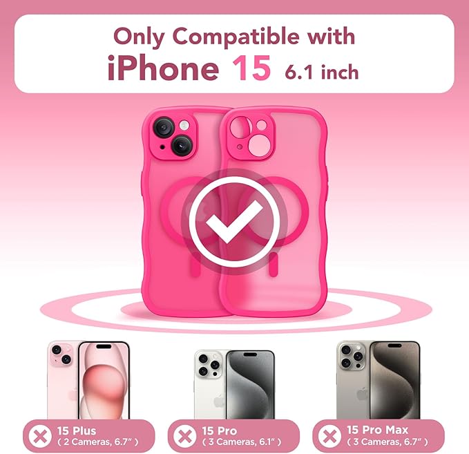 CAPRARO Cute for iPhone 15 Case, Compatible with MagSafe, [Curly Wave Edge] [Full Camera Protection] [14 FT Drop Protection] Magnetic Phone Case for 15 6.1 Inch, Hot Pink