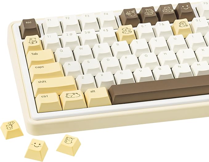 Little Bear Keycaps 134 Keys - Cherry Profile Custom PBT Key Caps, Dye-Sublimation Cute Yellow and White Keycap Set for Cherry MX Switches Mechanical Keyboards (60%/65%/75%/80%/100% Layout)