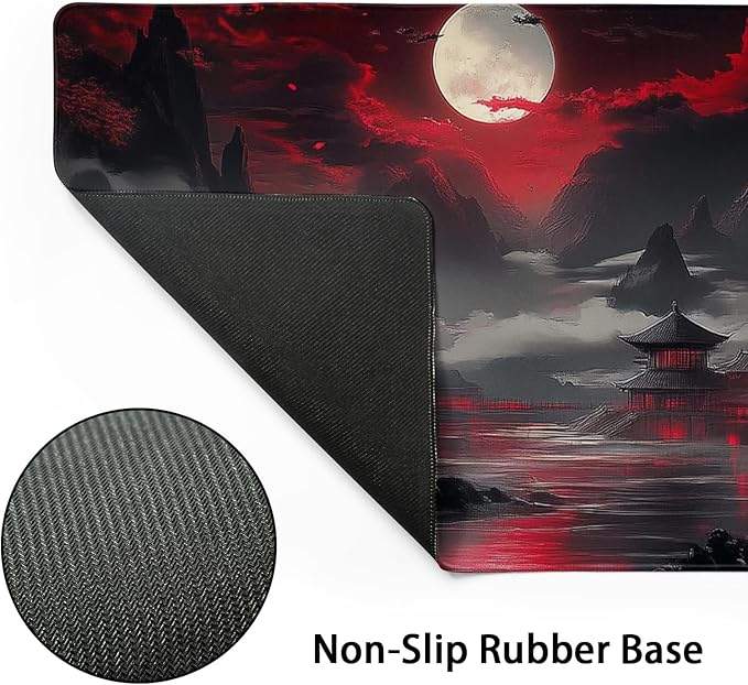 Riverside Full Moon Desk Mat Japanese Desk Pad Black Red Large Mouse Pad Gaming Mousepad 31.5"x11.8" Extended XXL Keyboard Pad Japanese Laptop Pc Computer Mouse Keyboard Mat for Home Office Work Game