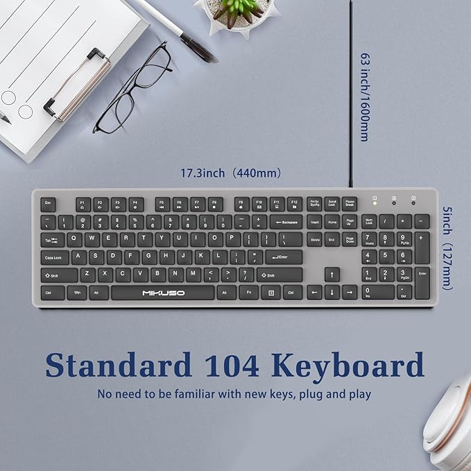 Wired Full Size Keyboard, 104 Keys Laser-Etched Non-Fade, 1.6m USB-A Cord, Spill-Resistant with Dust Cover, Ergonomic for Windows Mac PC Laptop, Office Home Business Programming