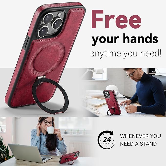 Compatible with iPhone 14 Pro Case with Stand, Compatible with MagSafe, Slim PU Leather & Durable TPU Protective Cover Drop-Proof with Tempered Glass Screen Protector 6.1", Red