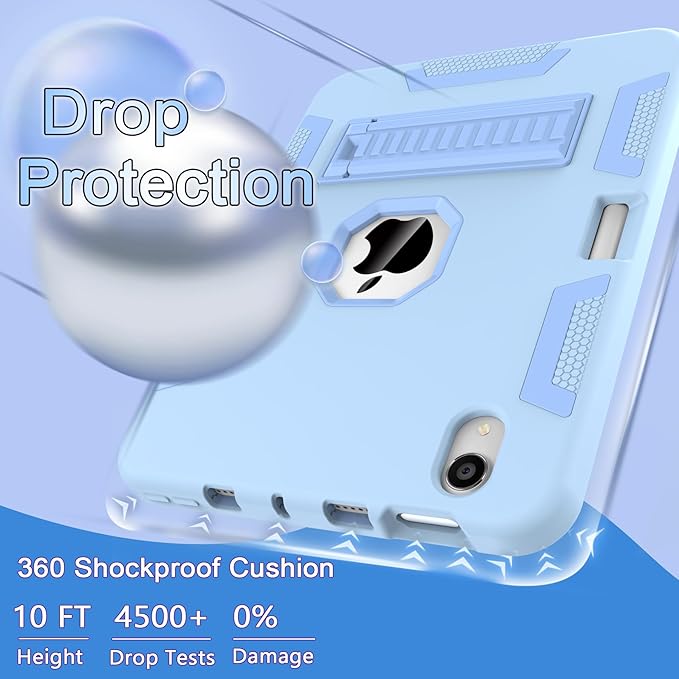 CCMAO for iPad mini 7 A17 Pro Case, iPad mini 6th/7th Generation Case (2021/2024), with Pencil Holder and Kickstand, Heavy Duty Shockproof Hybrid Three Layer Protective Cover, Light Blue