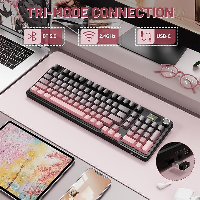 MAMBASNAKE Attack Shark X98 Pro Wireless Mechanical Keyboard with Screen & Knob, 2.4G/USB-C/BT5.0 Gasket Hot Swappable Creamy Keyboard102 Keys, Web Driver RGB Gaming Keyboard for PC/Mac/PS4/Xbox