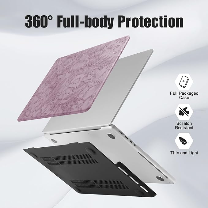 DTangLsm for MacBook Air 15 inch Case 2026 2025 2024 2023 M5 M4 M3 M2 A3448 A3241 A3114 A2941, Elegant Textured Retro Leather Hard Cover for M5 MacBook Air 15 Case+Keyboard Skin, Lilac Embossed Floral