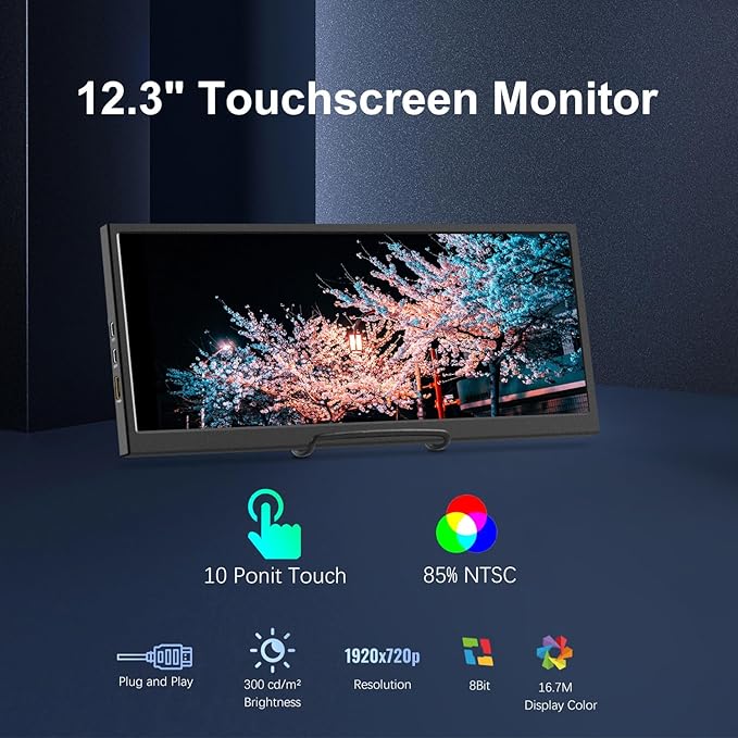 Prechen 12.3 Inch Touchscreen Secondary Monitor, IPS Stretched Bar LCD Travel Touch Display 1920 * 720 HDMI USBC, Portable Touch Screen for Laptop Computer Windows Aida64 GPU CPU RAM Monitoring