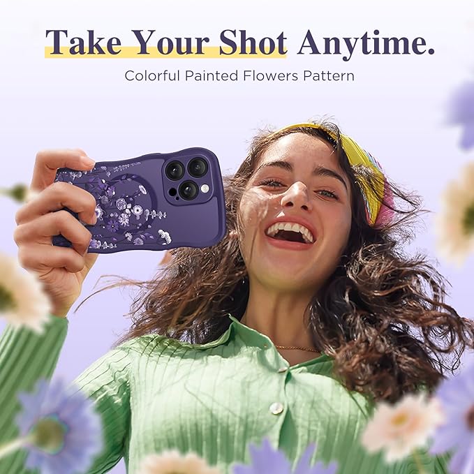 GVIEWIN for iPhone 14 Pro Max Case Compatible with MagSafe [Curly Wave Edge][Full Camera Protection] Floral Translucent Shockproof Magnetic Women Phone Case for 14 Pro Max, Floratopia/Deep Purple
