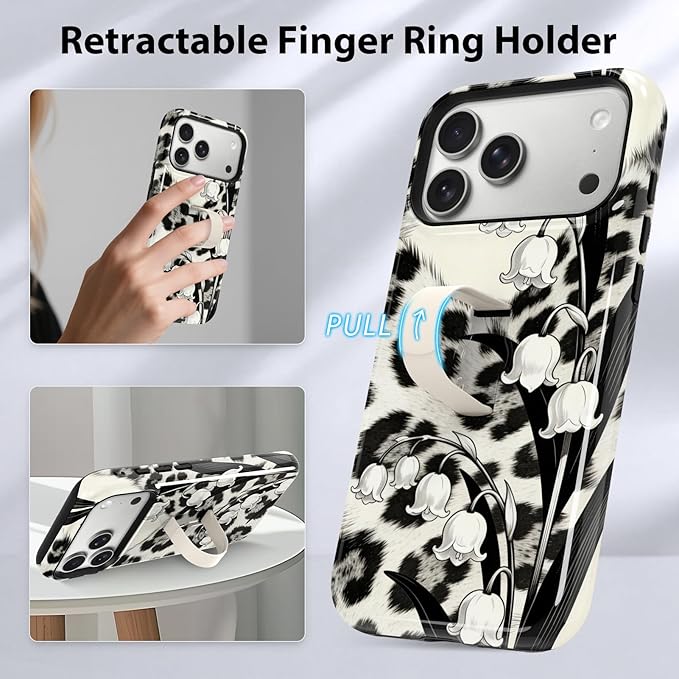 KANGHAR Compatible with iPhone 17 Pro Case, Support for MagSafe, Silicone Leopard Flower Cool Pattern, Finger Hold Wristband Kickstand Camera Protection Soft Slim Phone Case for Girls Women -Black