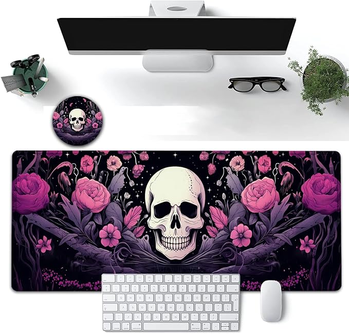 Large Mouse Pad, 31.5 x 11.8in Extended Gaming Mouse Pad with Stitched Edges, XXL Mousepad Protector Non Slip Rubber Base for Office and Home Writing Mat, Skulls and Pink Flowers Black Desk Mat