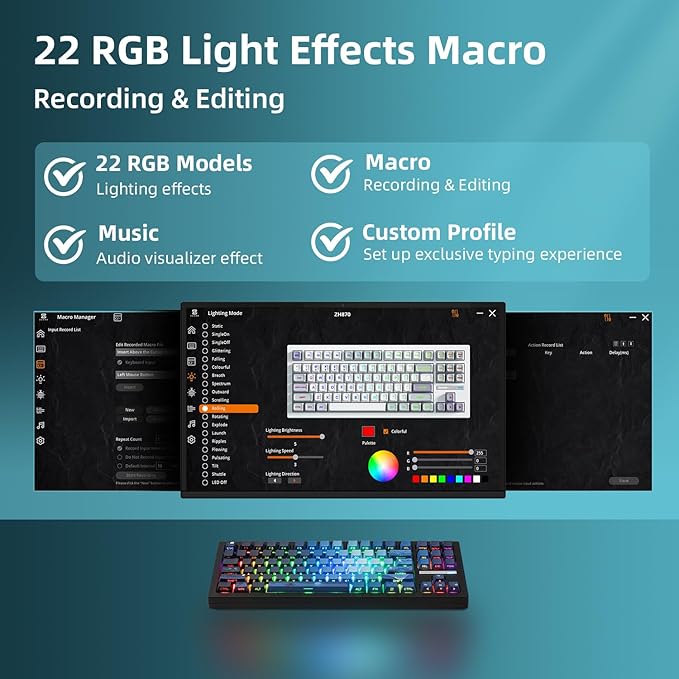 ZORNHER ZH870 Wireless Mechanical Gaming Keyboard,80% Blue Custom Creamy Sound Keyboard with Lighted Up Dye Sublimation PBT Keycaps,Pre-lubed Linear Switches,Hot-Swappable,RGB Backlit