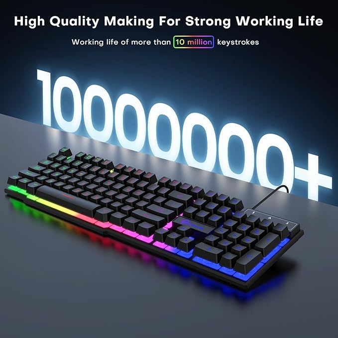 GEODMAER 104 Keys Gaming Keyboard, Full Size LED Backlit Wired Keyboard with Multimedia Keys, Anti-Ghosting, Spill-Resistant Membrane Gaming Keyboard for PC Laptop