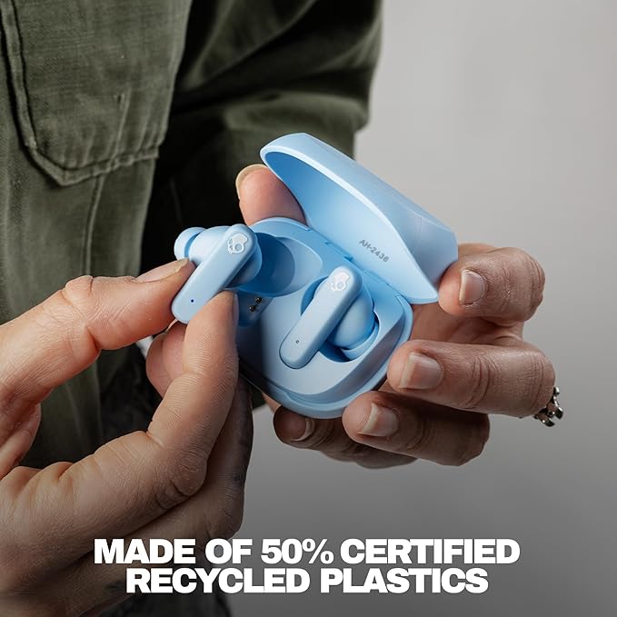 Skullcandy Smokin’ Buds Wireless Earbuds, Bluetooth Headphones, Noise Isolating Fit, Up to 20 Hours Battery, IPX4 Sweat and Water Resistant, Microphone for iPhone Android - Preppy Blue