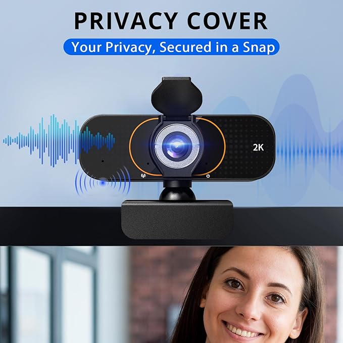 2K Webcam for Computer/Laptop/Desktop/PC, Camera with Microphone, USB Plug&Play, Auto Low Light Correction, Privacy Cover, Tripod, Wide Angle for Meeting/Online Video/Zoom