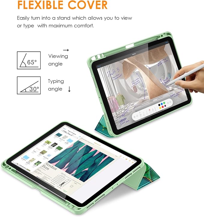 DTTO for iPad Pro 11 inch 4th/3rd/2nd/1st Generation 2022/2021/2020/2018 Case, Smart Slim Trifold Stand Soft TPU Back Cover with Built-in Pencil Holder, Also Fit iPad Air 5/4,Marble Green