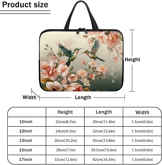 Hummingbird Laptop Sleeve for Women, Protective Computer Cover Case with Handle Briefcase Carrying Bag Compatible 12 Inch Notebook, Chromebook Computer, Vintage Floral