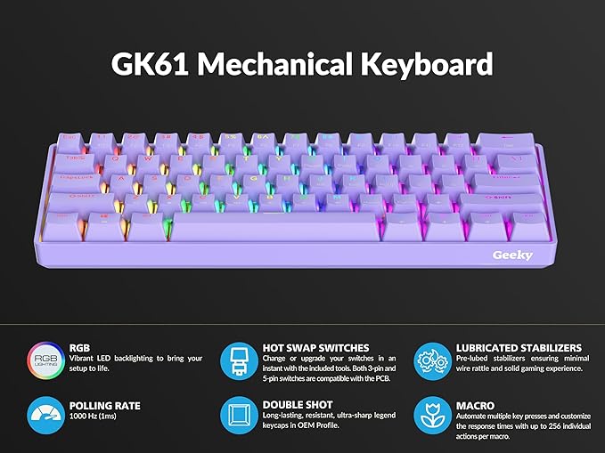 Geeky GK61 60% | Hot Swappable Mechanical Gaming Keyboard | 61 Keys Multi Color RGB LED Backlit for PC/Mac Gamer | ANSI US American Layout (Lavender, Mechanical Speed Yellow)