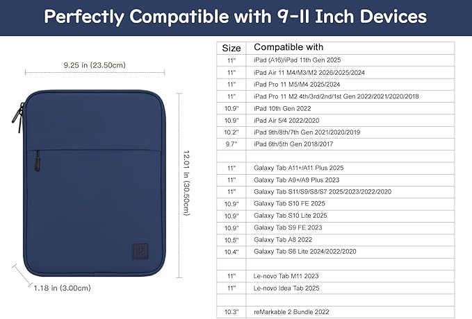 Dadanism 9-11 Inch Tablet Sleeve Padded Carrying Case for iPad (A16) 11th Gen 11", iPad 10th Gen 10.9", iPad Air M4/Pro M5 11", iPad Air 5/4, iPad 9/8/7th Gen, Galaxy Tab A11+ Plus 11", Denim