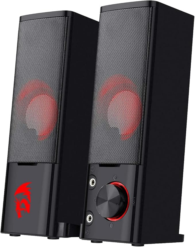Redragon GS550 PC Gaming Speakers, 2.0 Channel Desktop Computer Sound Bar with Compact Maneuverable Size, Headphone Jack, Quality Bass & Decent Red Backlit, USB Powered w/ 3.5mm Cable