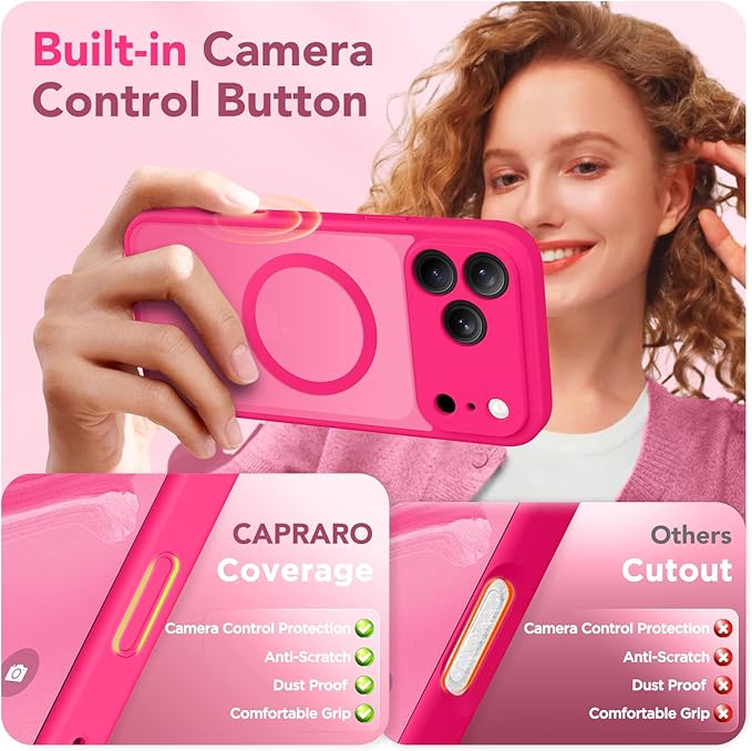 CAPRARO Magnetic for iPhone 17 Pro Max Case, Upgraded [Full Camera Protection] [Compatible with MagSafe] Protective Translucent Matte Women Girl Phone Case Cover, Hot Pink