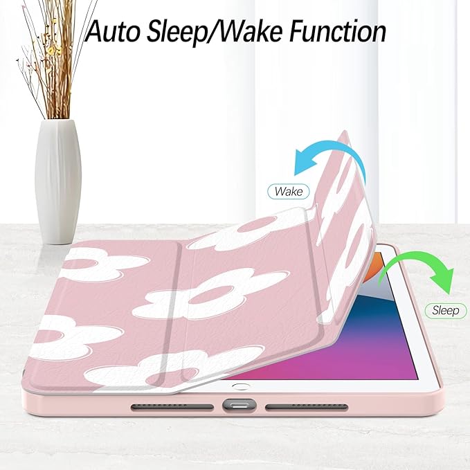 Case for iPad 9th / 8th / 7th Generation (2021/2020/2019) 10.2 inch, Case with Pencil Holder, Stand Clear Back Cover Cute Cool Design for Women Girls, Auto Sleep/Wake, Pink White Flower
