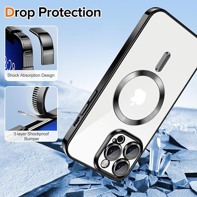 Hython Magnetic Clear for iPhone 13 Pro Case with Camera Lens Protector [Compatible with MagSafe] Luxury Plating Edge Slim Soft TPU Cover Protective Phone Case for iPhone 13 Pro 6.1", Black