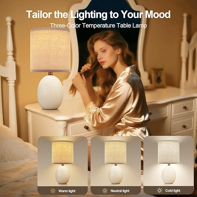 Dawnwake 18.5" Table Lamp Set of 2 for Living Room Bedroom, Bedside Lamps for Night Stands, Desk Nightstand Lamp Dimmable, Modern Linen Cream Ceramic Lamps (White-B)