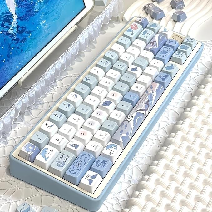 Blue White PBT Keycaps-Ocean Theme Keycaps 60 75 100 Percent, Cute Key caps Custom 118 Keys, Cherry Profile for 61/68/84/87/98/100 Cherry Gateron MX Mechanical Gaming Keyboards