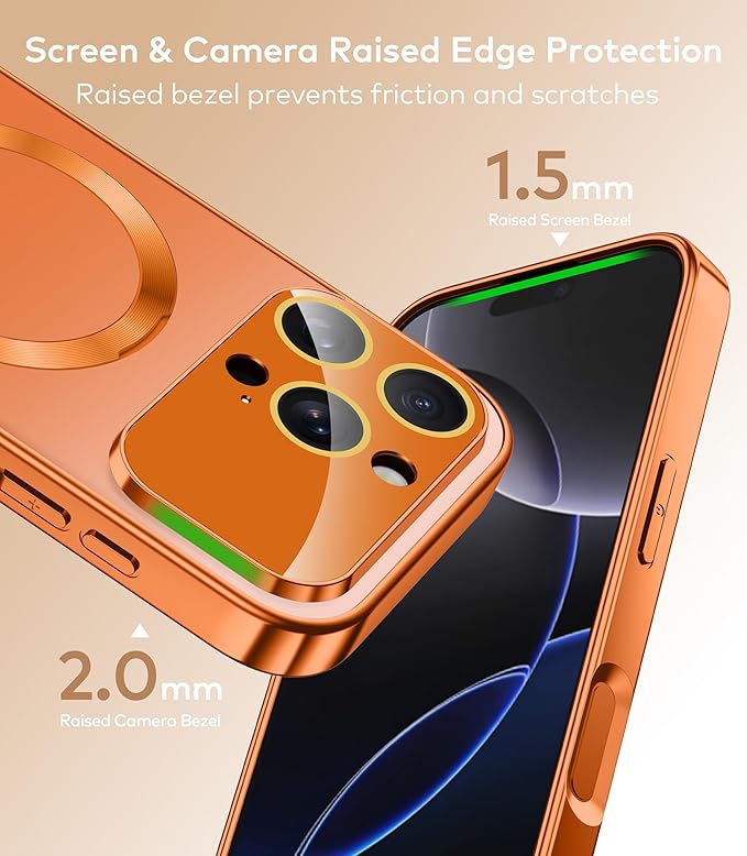 TOBOVON Magnetic for iPhone 16 Pro Max Case with Ring Stand, Fits MagSafe, with Built-in Camera Lens Protector, Slim Electroplated Shockproof Phone Cover, Orange
