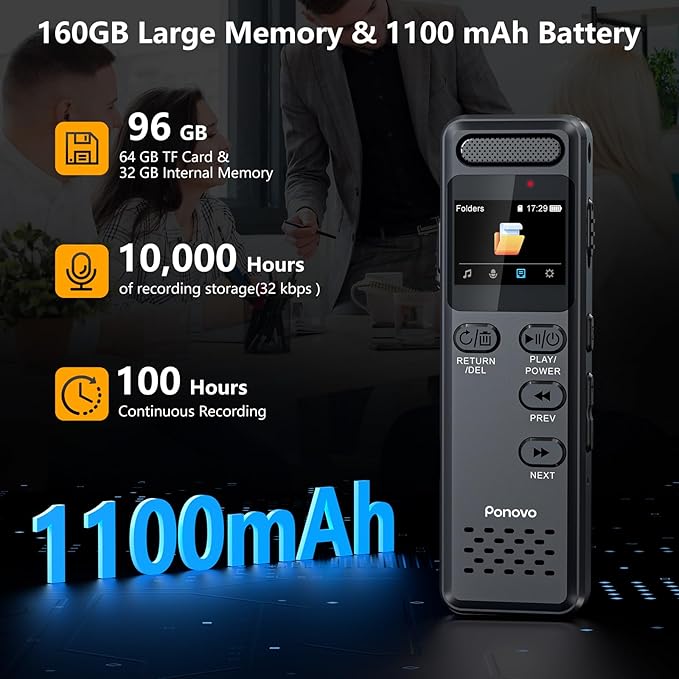 96GB Digital Voice Recorder with Playback, 1100mAh Mini Audio Recording Device for Lecture Interviews, 1536Kbps Voice Activated Recorder with Noise Reduction, Password, External Microphone