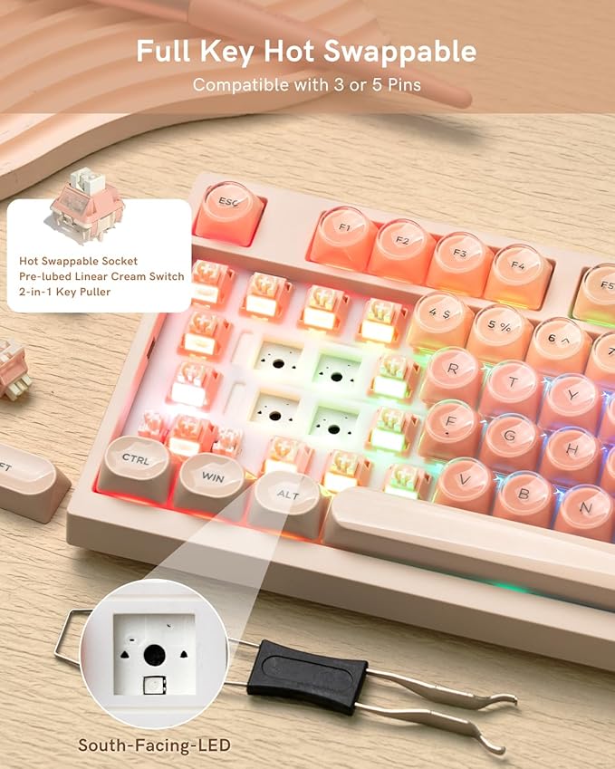 WK75 Wireless Mechanical Keyboard with Knob, 75% Foundation Pink Creamy Keyboard, Hot Swappable, Pre-lubed Switches, Gasket Mount with MOA Profile Jelly Keycaps, RGB Backlit Gaming Keyboards