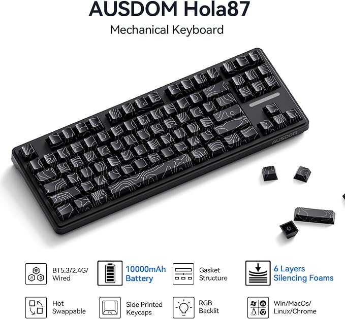 AUSDOM Wireless Mechanical Gaming Keyboard: 10000mAh Battery Tri-Mode 2.4G/BT5.3/USB-C Hot Swappable Custom Keyboard with RGB Backlit, Side Printed PBT Keycaps, 15-Layer Gasket Structure, Topographic