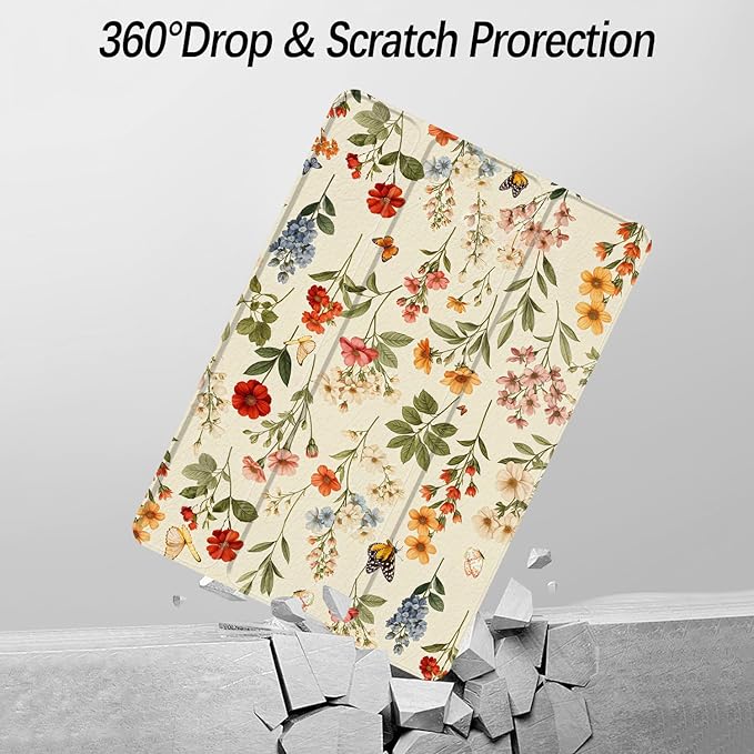 Case for iPad 9th / 8th / 7th Generation (2021/2020/2019) 10.2 inch, Case with Pencil Holder, Stand Clear Back Cover Cute Cool Design for Women Girls, Auto Sleep/Wake, Wildflower B