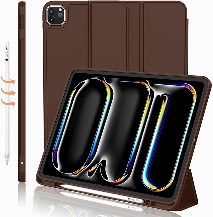 iMieet Case for iPad Pro 11 Inch (M5) 2025 /(M4) 2024 5th Gen, Trifold Stand Smart Cover with Pencil Holder and Soft TPU Back, Auto Wake/Sleep (Chocolate)