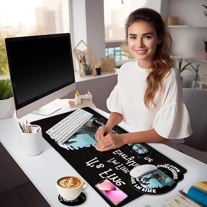 LIMKRIAN Funny Dog Mouse Pad Set Large Desk Mat With Wrist Rest for Gaming, Ergonomic Mousepad, Keyboard Mat, Cup Coaster Set, Office Accessories - It's Fine